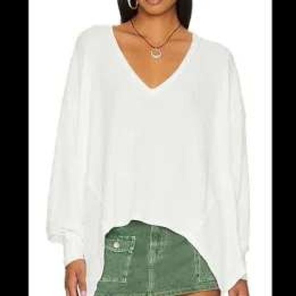 Free People We The Free Top White V-Neck Oversized Waffle Knit Long Sleeve